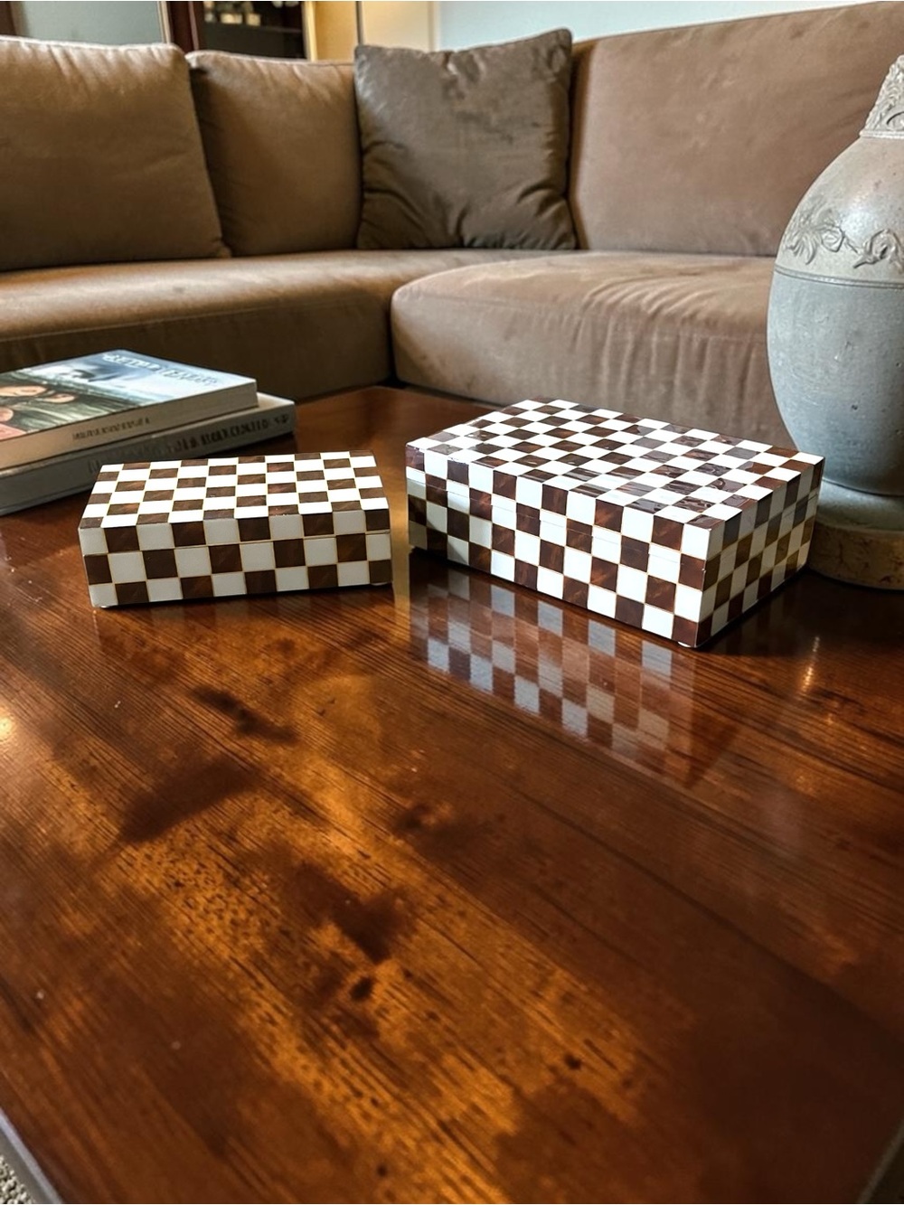 Checkered Resin Wood Nesting Boxes Set Of 2 Checked Trinket Box